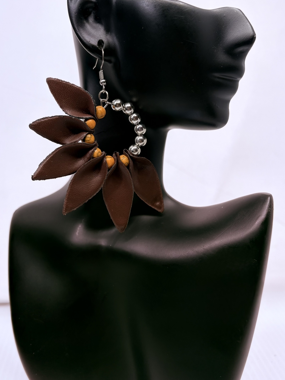 Brown Petal Hoop Earrings with Yellow Accent